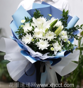 常哀思鲜花-11朵白菊，2支百合，扇尾叶点缀搭配鲜花包装，浅蓝色韩式包扎